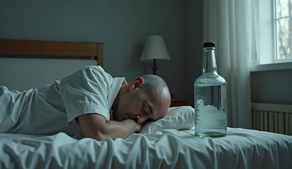    produce an image relating to this description: a person in a precarious situation on the brink of death looking at a medicine from afar seeing from afar whether or not he will take that medicine
