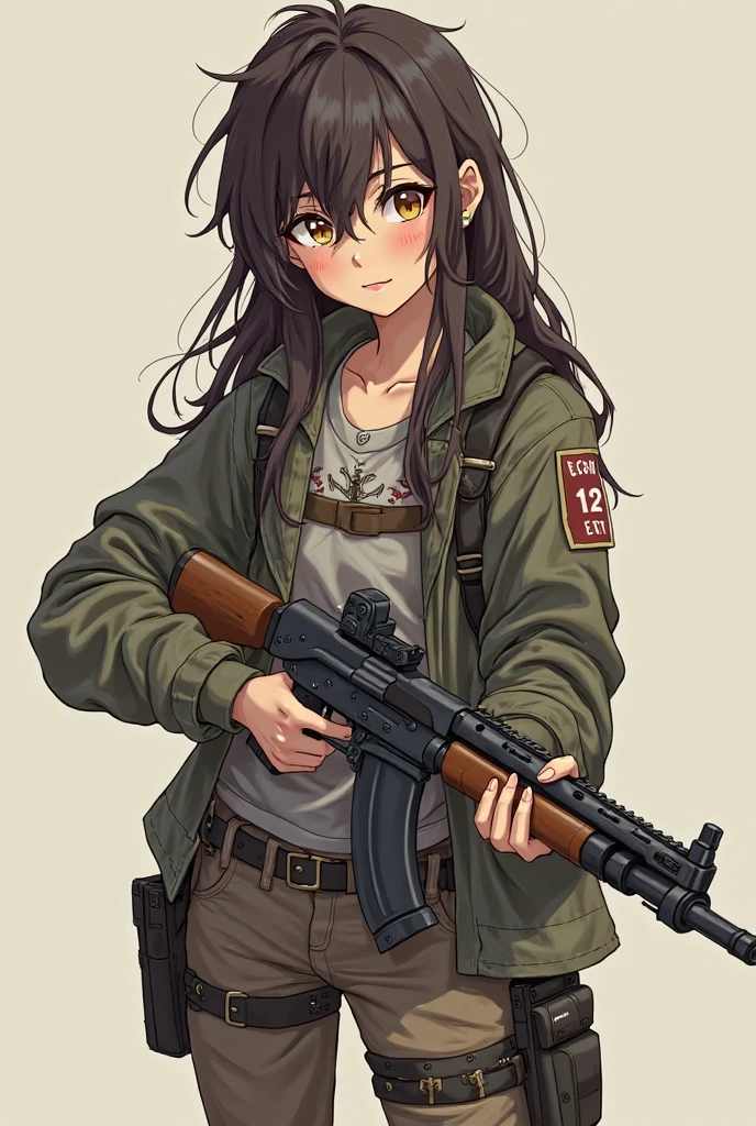 survival game、Camouflage、survival gameのフィールド、A beautiful girl is holding a rifle、head to waste、