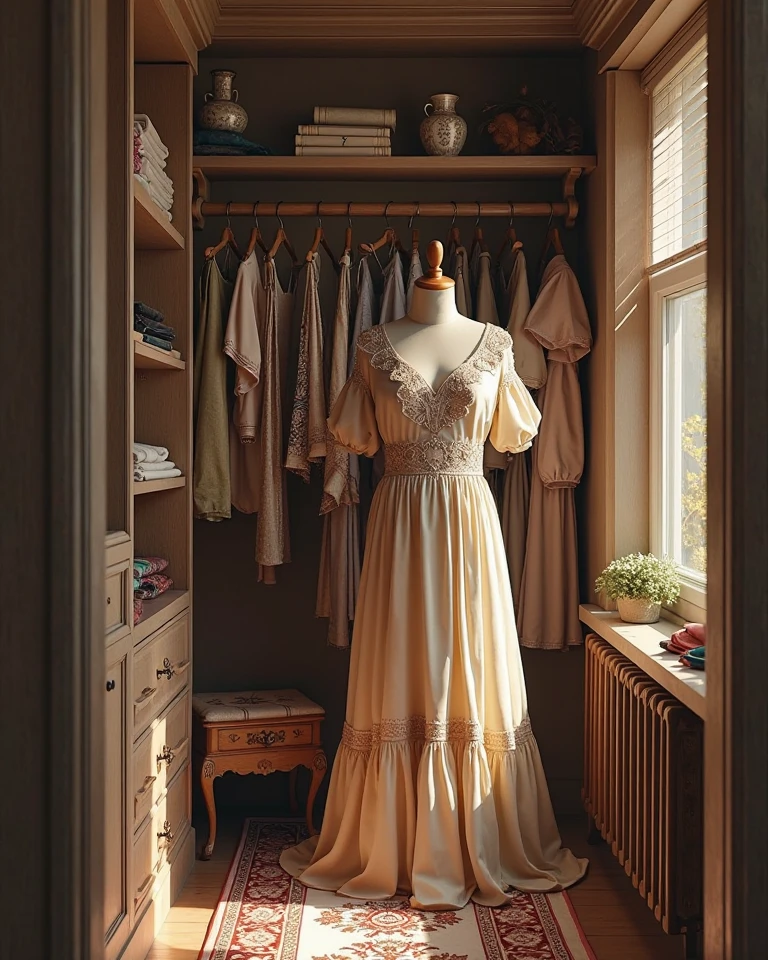 Create a sewing workshop with everything related to the construction of dresses, have a desk, clothes racks, mannequins, a window with curtains tied on the sides, fabric rolls, with small ottomans, an armchair and a stool
