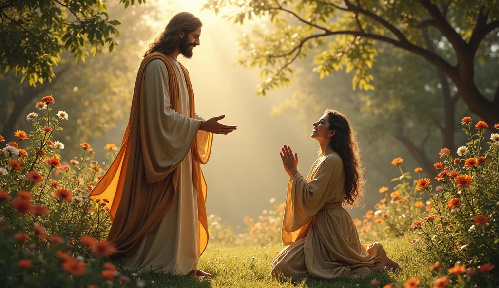 An image of a person with knee-length curly hair praying with Jesus