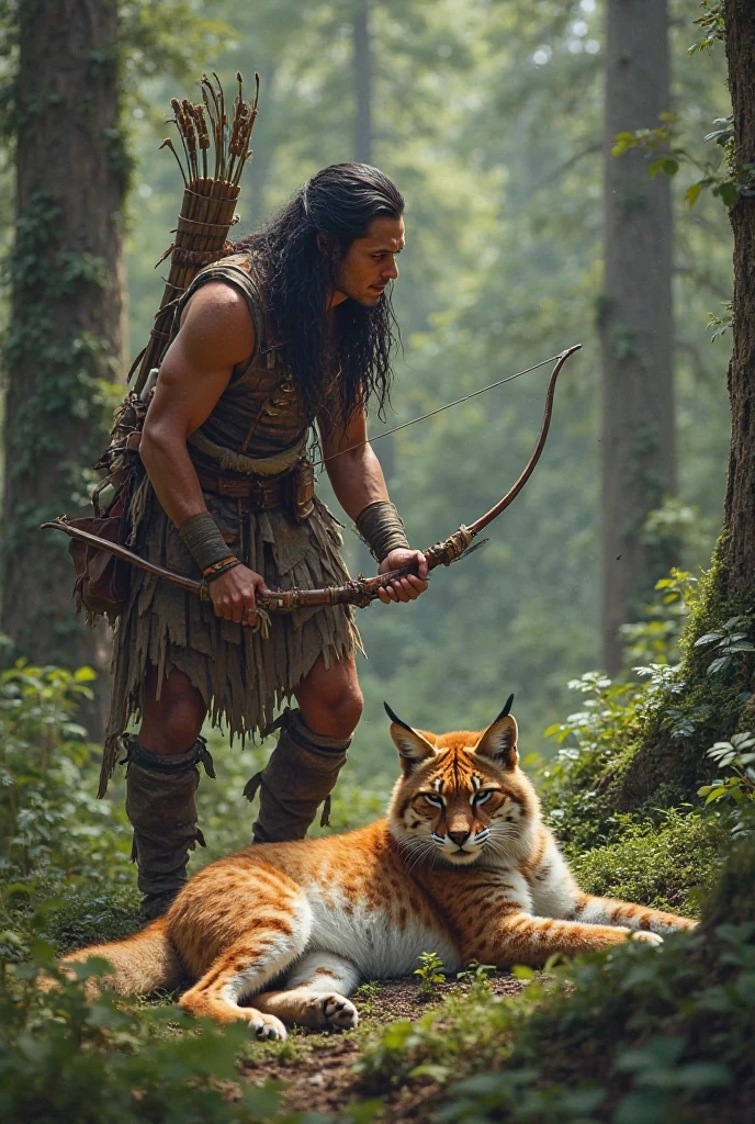 A handsome guy with dark skin and the masculine features of a young guy. He has black hair that reaches below his waist and panther ears.. He has a bare torso, wearing full-length brown fur trousers and hoof-like shoes.. He has a red heart pendant.. He squats in a thicket of ferns and shoots a bow.. A kind, beautiful panther lies beside him..