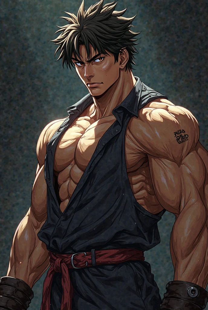 Create anime character man fighting tired beaten with an aesthetic body but without so many muscles