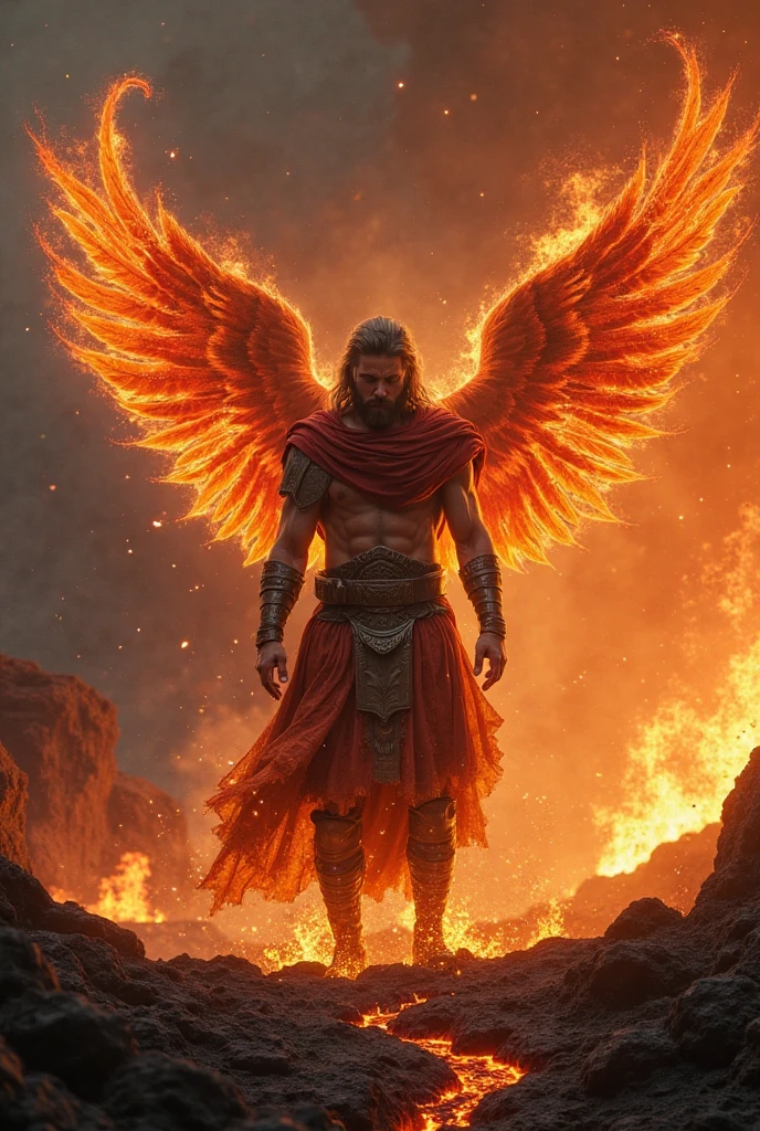 (best quality,4k,8k,highres,masterpiece:1.2),ultra-detailed,(realistic,photorealistic,photo-realistic:1.37),man with phoenix wings on his back,fire surrounding his fist,feathers,captivating expression,flaming wings spread wide,Fiery light,cinematic mood,dramatic angle,heroic stance,mythical creature,sculptural details,radiating power,celestial aura,vibrant color palette,scorching flames,epic fantasy,mythological hero,heroic mythology,combustible energy,luminous heat,dynamic movement,high-contrast lighting,archetypal figure,detailed feather texture,mythical symbolism,fiery trails,embodying strength and grace,vividly glowing embers,powerful presence,extraordinary supernatural ability,astral fire,enduring power and rebirth,fiery spirit,awe-inspiring spectacle