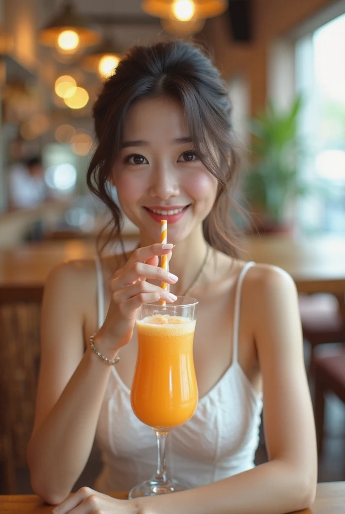 (masterpiece:1.2, Highest quality,Highest quality,Very detailedな:1.2),(Very detailed),8k,(Realistic),(RAW Photos:1.2),(1 female),(Random nationality women,Beautiful Face,Beautiful Eyes,Beautiful Hair,Detailed skin texture:1.3,Beautiful Hands:2.0,Detailed hands:1.2,Cute Nail Art:1.2,Random hairstyle),(A woman drinking a new fruit Frappuccino,straw,Stylish tableware,Stylish coffee shop),(Stylish Photos),(Cool looking photo),(A delicious smile:1.2),(summer),(Detailed depiction down to the last detail),(dynamic)