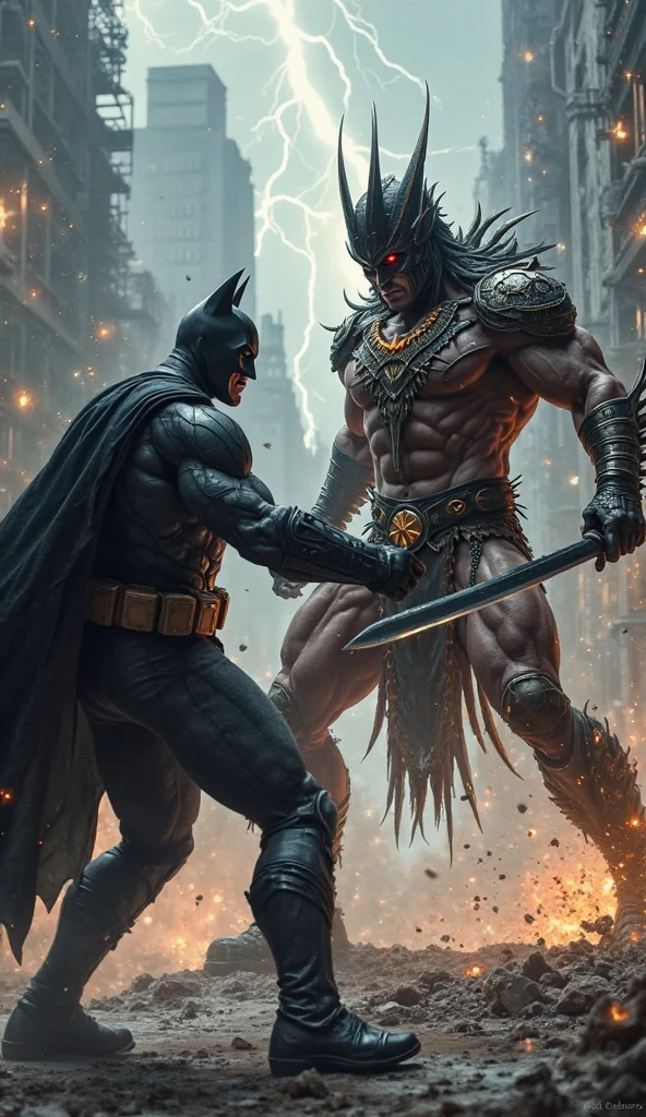 barbarian warrior man, super muscular, on steroids, with batman mask, long black hair, legendary sword in hand, ethereal atmosphere, cinematic lighting, photorealistic, (best quality, 8k, high resolution, masterpiece: 1.2), ultra detailed, realistic, photorealistic: 1.37, dramatic lighting, moody, fantasy, concept art