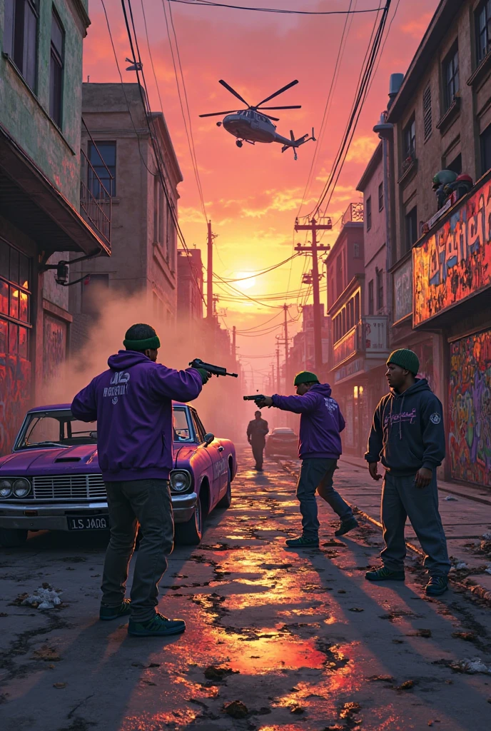 Prompt para IA - "Gang Fight in GTA (cinematic style)"
*"Intense scene of a gang fight in Los Santos (GTA)  during sunset , in an alley Urban filled with garbage and graffiti. two rival groups (one with purple jackets from Families, another with green headbands from Ballas) face off with:

Armas: Pistolas, AK-47s, baseball bats and broken bottles.

action: A Families member shoots while hiding behind a lowrider car (1950s Chevrolet stylized) with hydraulic paint and purple details. Um Balla is dodging a punch while another shoots into the air (visible tracing candies).

Ambiente: Smoke from burnt tires, flashing light poles, paredes com tags como 'LS Families' e 'Ballas 4 Life'. Ao fundo, decaying buildings and police helicopter approaching.

Estilo: hyperrealistic GTA V look, saturated colors (roxo, green and sky orange), dramatic lighting with elongated shadows. Include details such as:  Air Force 1 sneakers, Golden Chains, and a stray dog running away in the corner.

angle: dynamic perspective (como se fosse um screenshot do jogo em 3rd person)."*