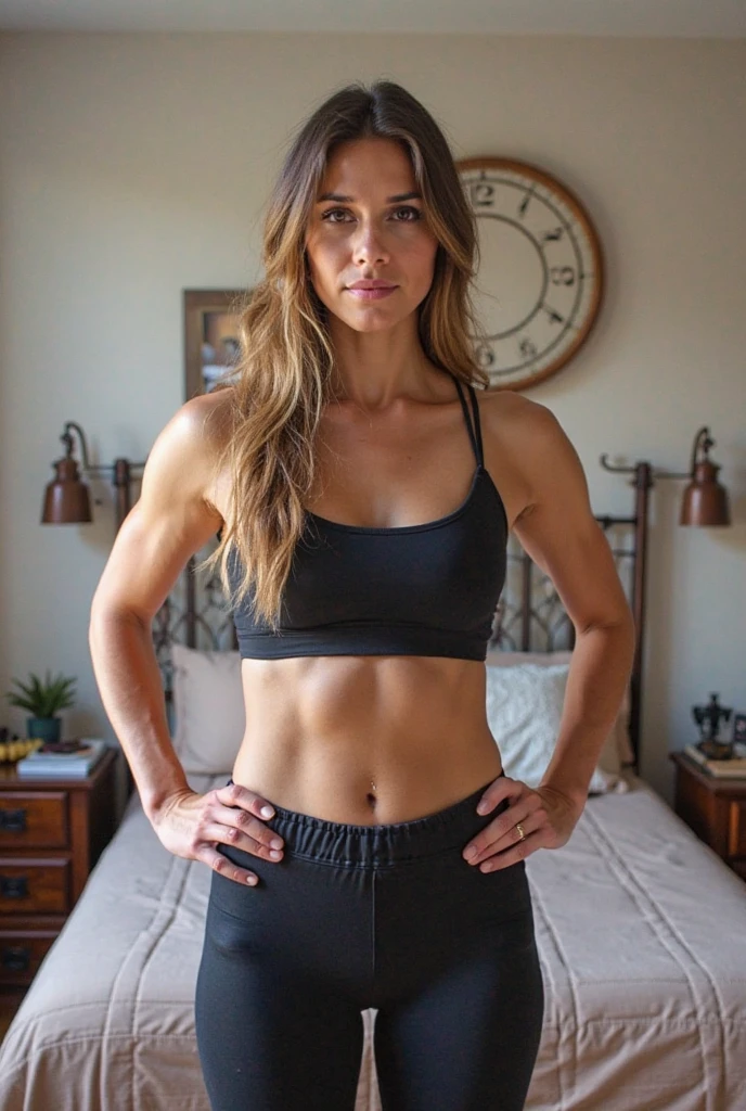 woman in blue sports bra top and shorts standing in front of a television, sport bra and dark blue shorts, toned body, sport bra and shorts, fit woman, fit curvy physique, fit body, toned shape, fit girl, sporty physique, lean and toned, perfect body and face, model with attractive body, strong body, fitness model, fit pic. She is 45 years old.