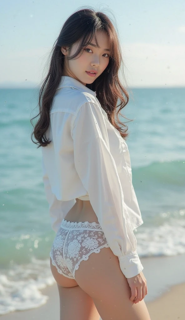 Ultra-high resolution,Wearing a white hoodie blowing in the wind in the clear blue sea、woman wearing thong panties、Looking up from below, panties and ass visible, standing on the waves。Her hair is short、shine white、cute hairstyle