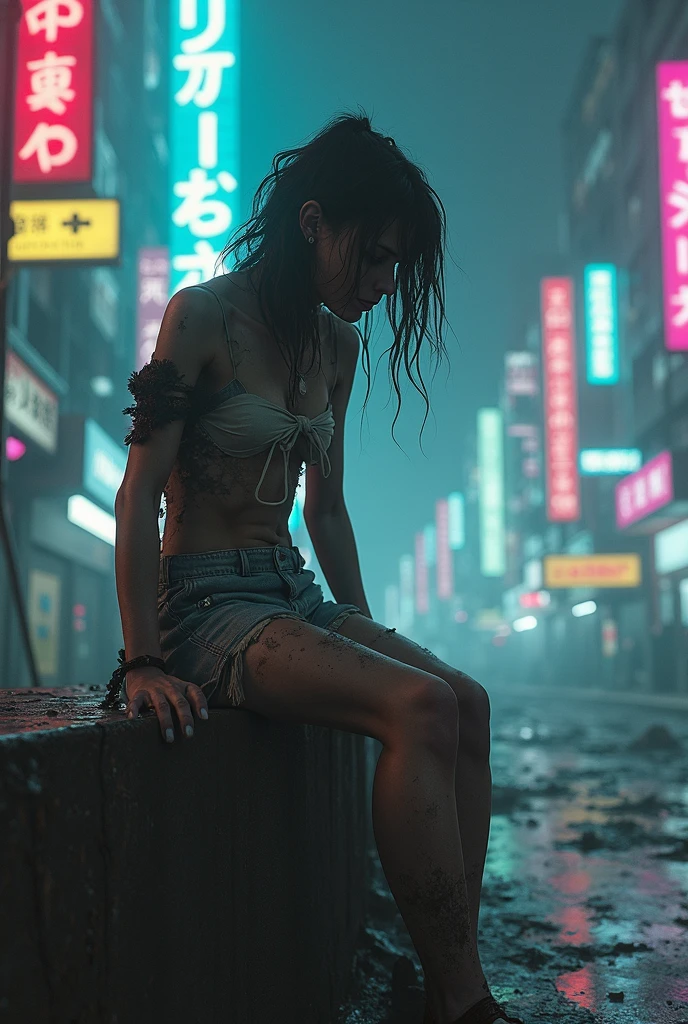 Woman locked up trapped hugging her knees, big boobs, very tightly packed in a clear plastic bag trying to get out from side view. Inverted cyberpunk, steampunk, sci fi city background