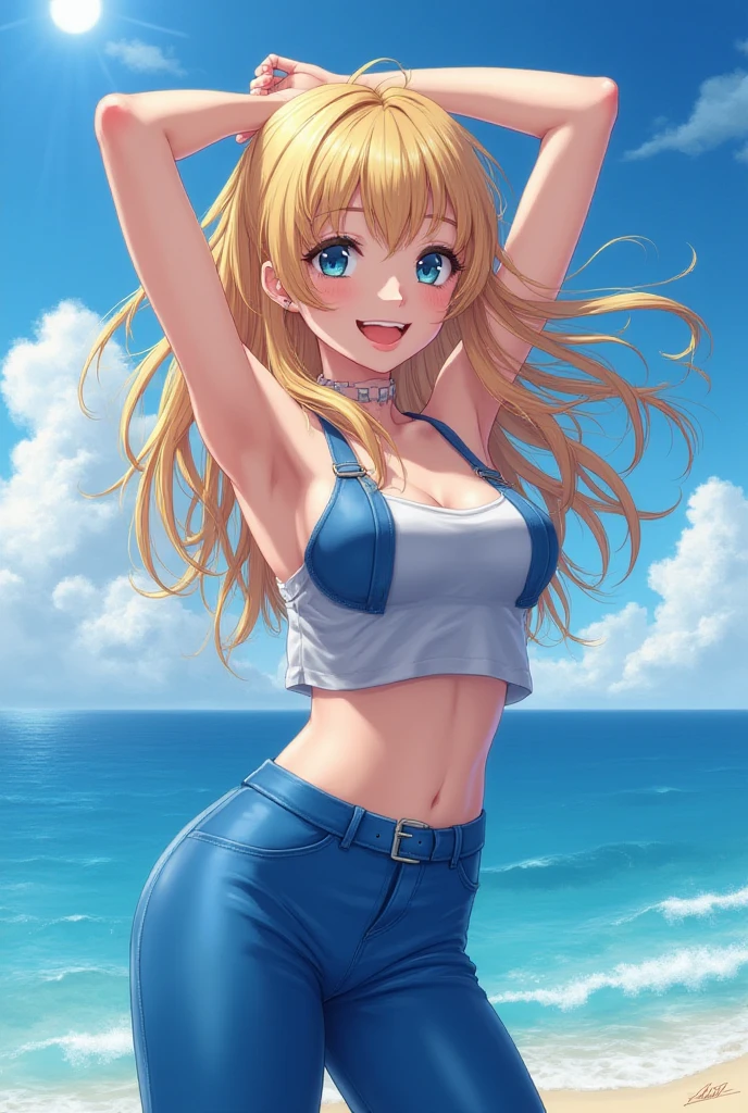 (masterpiece:1.5),(Beat quality),(high res),1girl solo,beautiful face,smile(shining eyes),upper body,light effects,Swimsuit Jean,Ocean