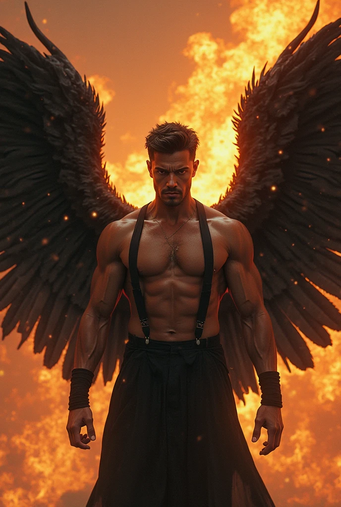 Photo-realistic, ((best quality)), ((masterpiece)), (detailed), perfect face, short hair, the devil, masculine portrait of the devil, personification of The Devil, evil look, super pale skin, (dark massive huge majestic black angel wings:1.2), black dragon horns, 18-year-old, super male model, handsome, tall, cute evil looking, dark look powerful, young male model, handsome mythical creature, super strong, muscular, fit, massive muscles, six pack, clean shave, blue eyes. wavy messy brown hair, short messy hair, messy wavy hair, shirtless, bare-chested, muscle, ripped, strong body, fit body, ancient linen Greek small skirt, antique black linen raped cloth skirt, Dark background 8k, high detailed, ultra-detailed, Stylish Pose, real skin texture, dramatic cinematic lighting, ruins Gothic cathedral, ruins, fire, (floor burning:1.6)