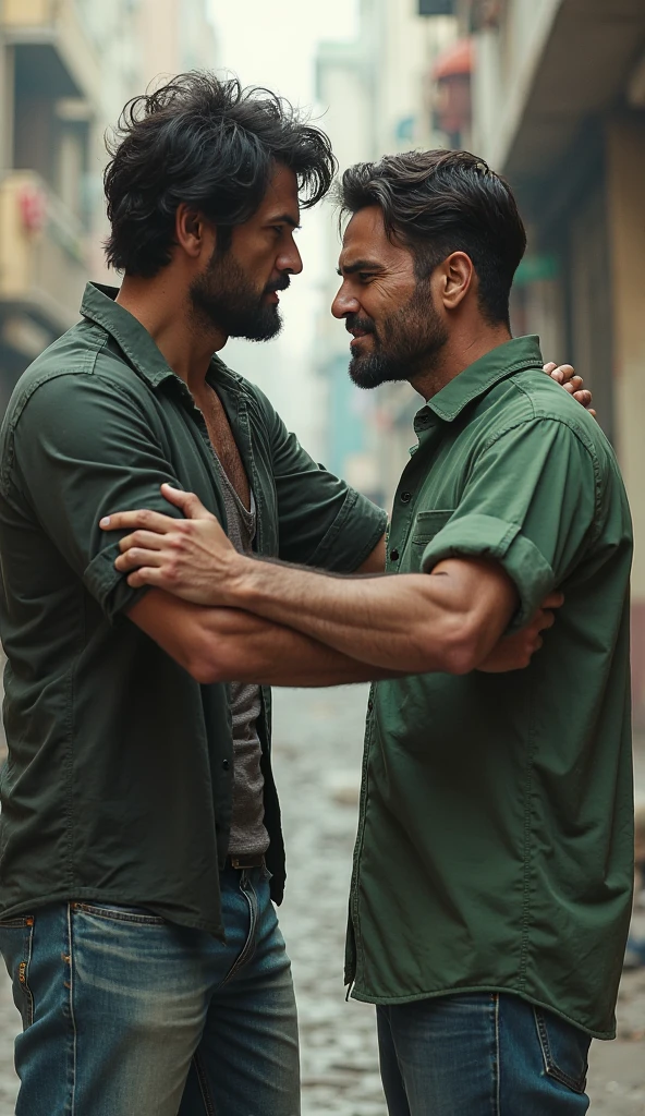Two mans face to face looking. One man is presented drug addicted. Other man is presented rehabilitation of drugs. 