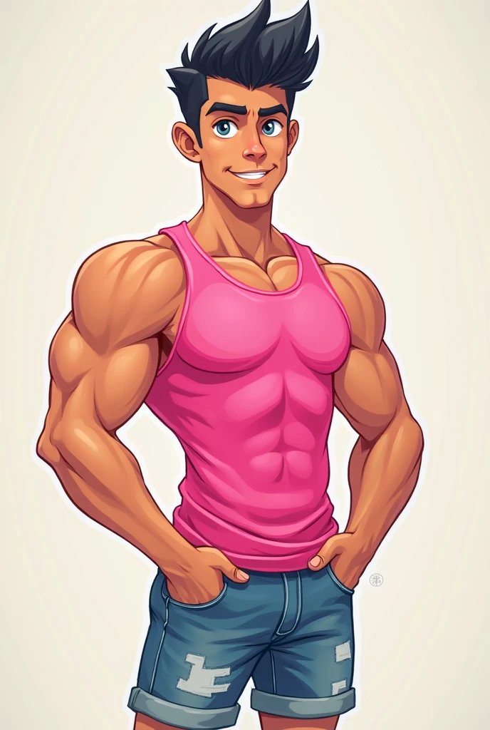 best quality, masterpiece, fill frame, zoomed out, full body, cel shading art, poster of handsome young man in early twenties with short undercut blond hair, athletic build, smile, wearing pink thong, lifting a barbell, perfect fingers, perfect hands, perfect face, perfection, no background