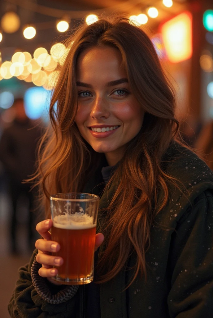 Woman drinking beer, olhando de lado, with night background 2576244469