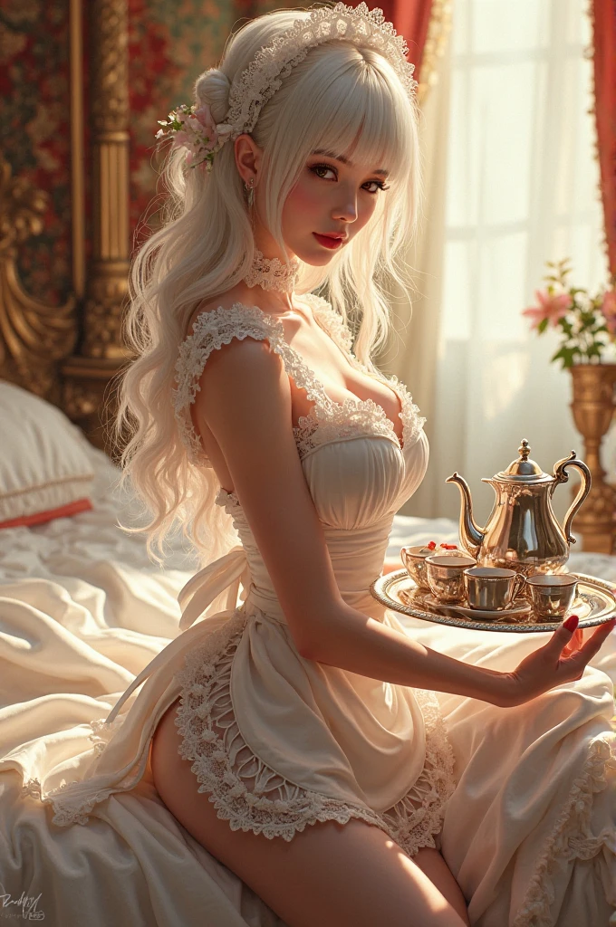 A beautiful blonde fairy princess，Shining with royal pomp and imperial splendor, Dress solemnly and (((meticuloso))) Silver Brocade Royal Cinderella Wedding Dress, Big breasts, big breasts (((enormous puffed sleeves)))  Padded and corset, Hourglass waist, A (((huge skirt petticoat))) big breasts and big breasts))), Decorate with ribbons, the bow, rosette, Lace, Ruffles, Decorative style, embroidery, and jewels, Carefully curl and style hair, long white gloves, Pearl diamond necklace and earrings magnificent palace，meticuloso，platinum silver，Brilliant ，Light-colored pupils，Confused，Long eyelasheull bodyesbian