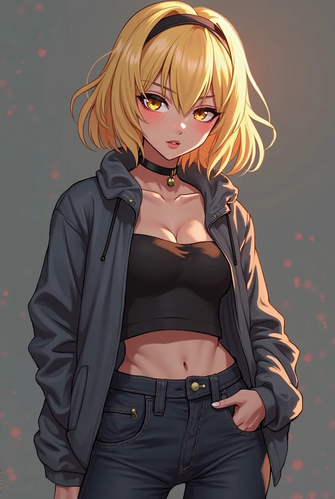 masterpiece, best quality, 1girl, toga himiko, boku no hero academia\(series\), yellow eyes, tank top, fishnet long sleeve undershirt, torn pants,