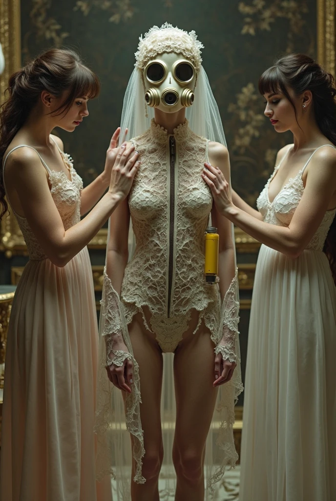 ((Katherine McNamara in a wedding dress)), ahegao, horny, red lipstick, pleased, moaning, skinny body, red hair, wet hair, large breasts, large ass, flat belly, narrow waist, (cum all over), covered in cum, wet hair, ((throat bulge)),tentacle squeeze breast, sodium light, horror, hyper detailed, 8K, masterpiece, Eldritch abomination, (bride of Cthulhu), church of Cthulhu, torture chamber, ((slugs on the floor and crawling up her body and mouth)), (white thong), ((gates of Cthulhu open))
