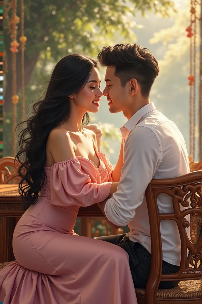 A woman blacl hair thats a braided wreath, a short bordeaux red dress with small carriers, outside a caffee. Realistic but not too realistic
Next to her a man with black hair kissing her. Her arms around his neck his hand on her hip
