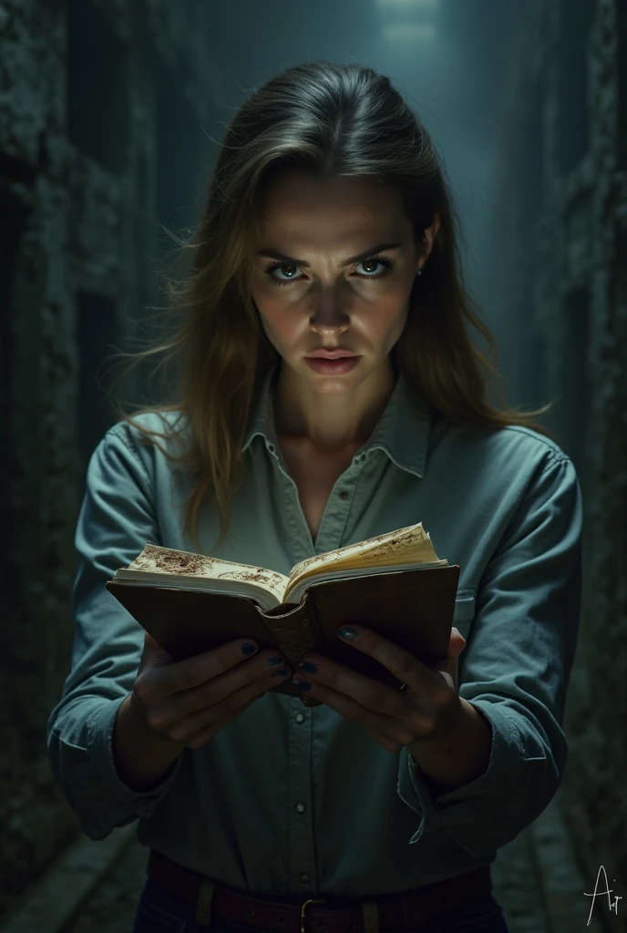 Make a book cover about zombie apocalypse, in the center of the image there should be a woman with light brown hair writing in a diary.