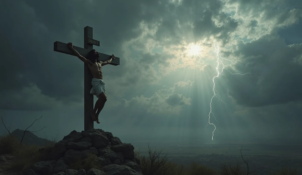 Create a powerful and evocative image of Jesus crucified, gazing upward toward a dark, ominous sky. Depict Jesus with His head tilted back, eyes focused on a faint but profound beam of light emerging from the dark clouds above. The cross should be prominently featured, with the surrounding atmosphere reflecting the contrast between darkness and the divine light. The light should be subtle but noticeable, symbolizing hope and divine presence amidst the darkness. The overall mood should convey a profound sense of spiritual connection and hope, highlighting Jesus' faith and the promise of redemption despite the bleak surroundings.



