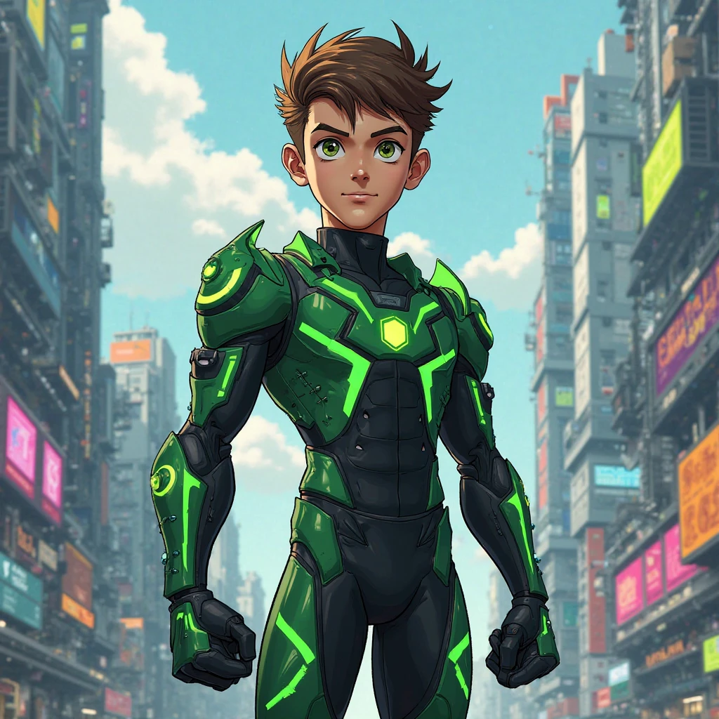 Izuku Midoriya bem detalhado,Dekucom um visual futurista, Aura misteriosa, e uma postura confiante. The agent must have technological clothing and advanced weaponry, The background of the image should depict a futuristic city at night, with bright skyscrapers and a cybernetic atmosphere, bem detalhado, rosto detalhado sem erro.
