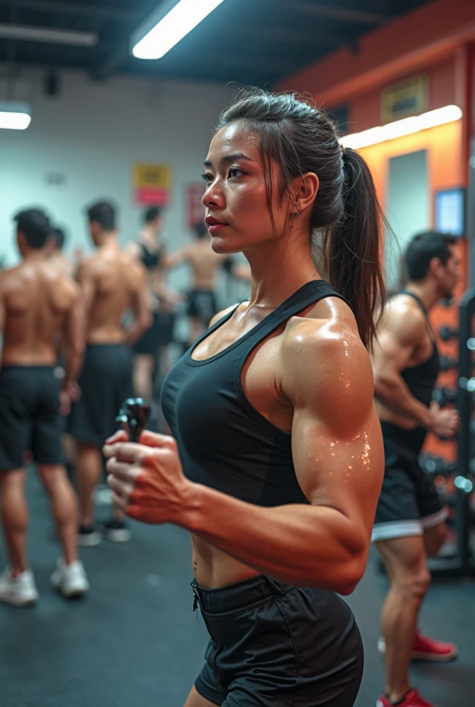 A very beautiful and sweaty 20 years old naked Indonesian girls, thick hairy armpits, muscular abs, raising their hands high while kissed by two young men at the gym
