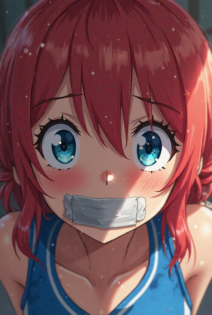 masterpiece, best quality, highres, 1girl, detailed face, blush, anime CG style, (medium breasts), (18 year old girl), good lighting, perfect body, sakura kinomoto, (tape gag), (tape bound), arms bound, eyes wide, pupils dilated, tears, crying, cheerleader, collarbone, (quicksand:1.3)