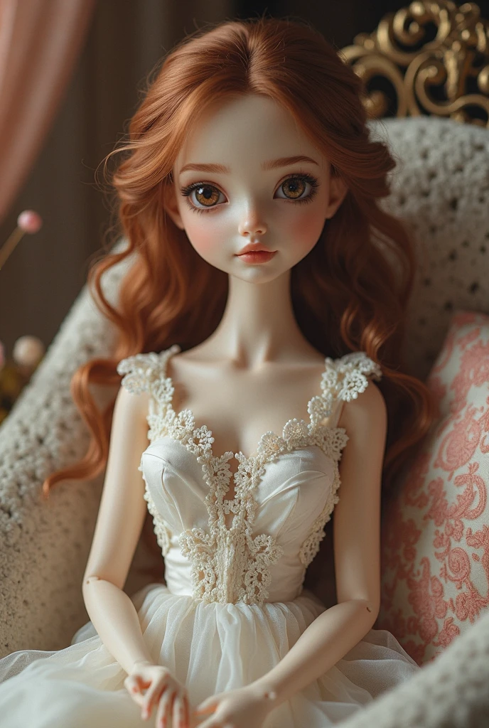 Boy, male, man, long red hair, milky white skin, freckles, green left eye, blue right eye, doll-like appearance, delicate, small waist, slutty waist, small, He is an omega. Dressed in a wedding gown.