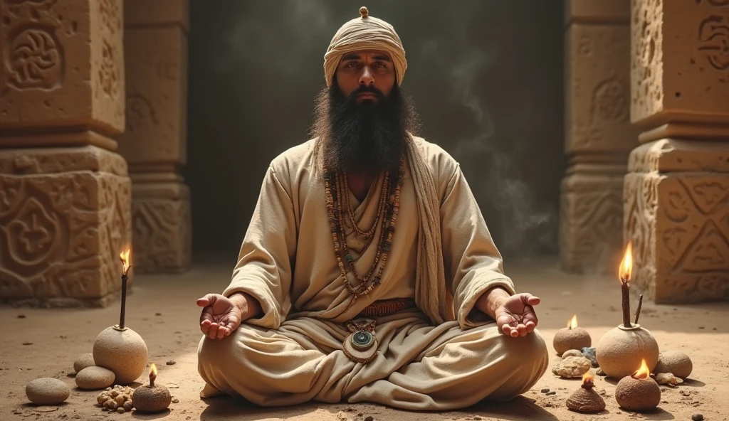 Strong, hairy, bearded Brazilian mixed race man in white underwear, Islamic cap on the head, sitting on the red carpet reading a sacred book with a green cover.