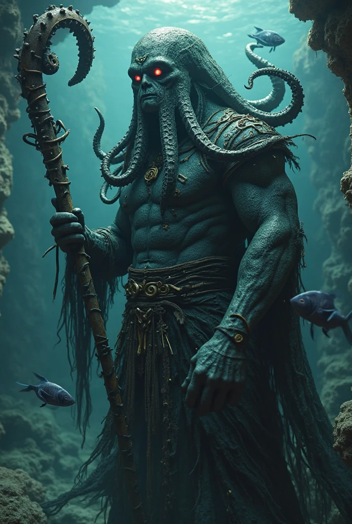 (extremadamente detallado, obra maestra, La mejor calidad, Under the Ocean), Estilo oscuro, volumetric illumination. armadura medieval, rostro con arrugas, lengua larga, tentacle, deforme, imagen submarina vista desde el exterior, pico de pulpo amenazante. manchas de tinta. Rococo composition. Luz de caravaggio