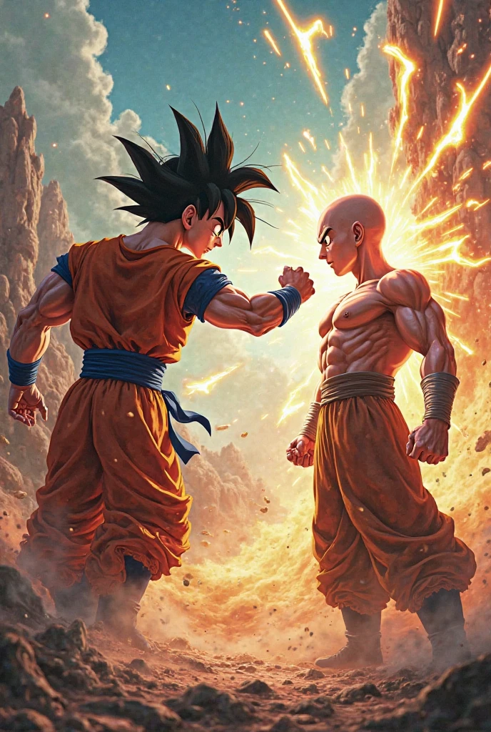 Goku and Saitama fighting with an audience behind them watching the fight on a destroyed grandstand