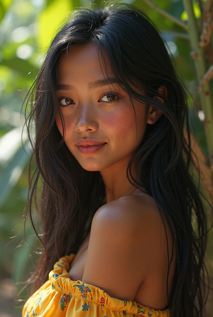 A photorealistic portrait taken in front of a 21-year-old Hawaiian girl with long, curly goergous dark hair with a red flower on and striking odd-eyed eyes dark . She should have a natural, approachable expression and be illuminated by soft, golden-hour sunlight. The background should be a scenic outdoor setting, perhaps a sunlit park or beach. Capture this image with a high-resolution photograph using an 85mm lens for a flattering perspective. and she is wearing just a really small bikini