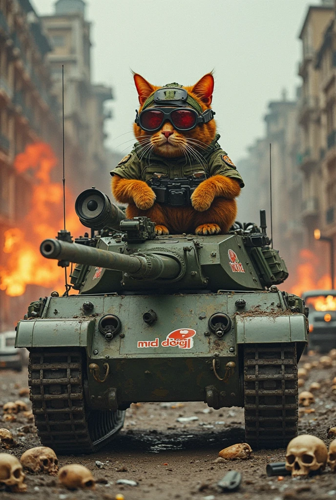 A cat Wearing army uniform and helmet driving a tank