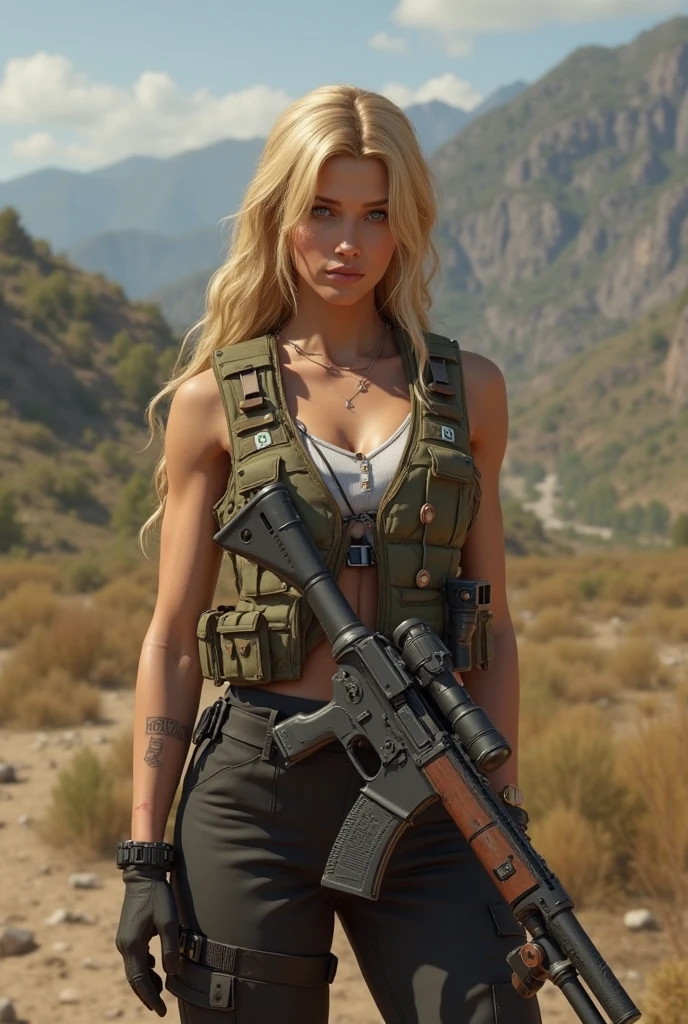 <lora:Tacticool:0.6> ((portrait shot)) Tacticool, a woman, vest, military, (big breasts:1.3) laying on bed, 4k, high-res, masterpiece, best quality, (head:1.3), finely detailed skin, cleavage,blonde_hair