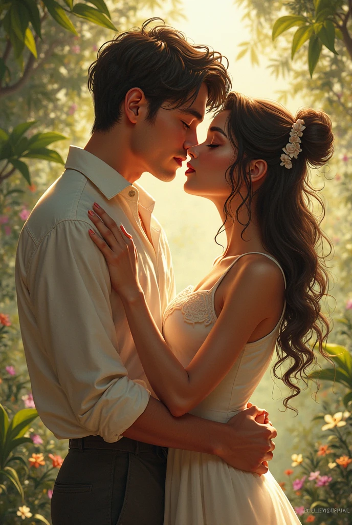 Add a girl with long wavy hair, He holds her in his arms and she clings to his neck, His green gaze reflects a bit of tenderness