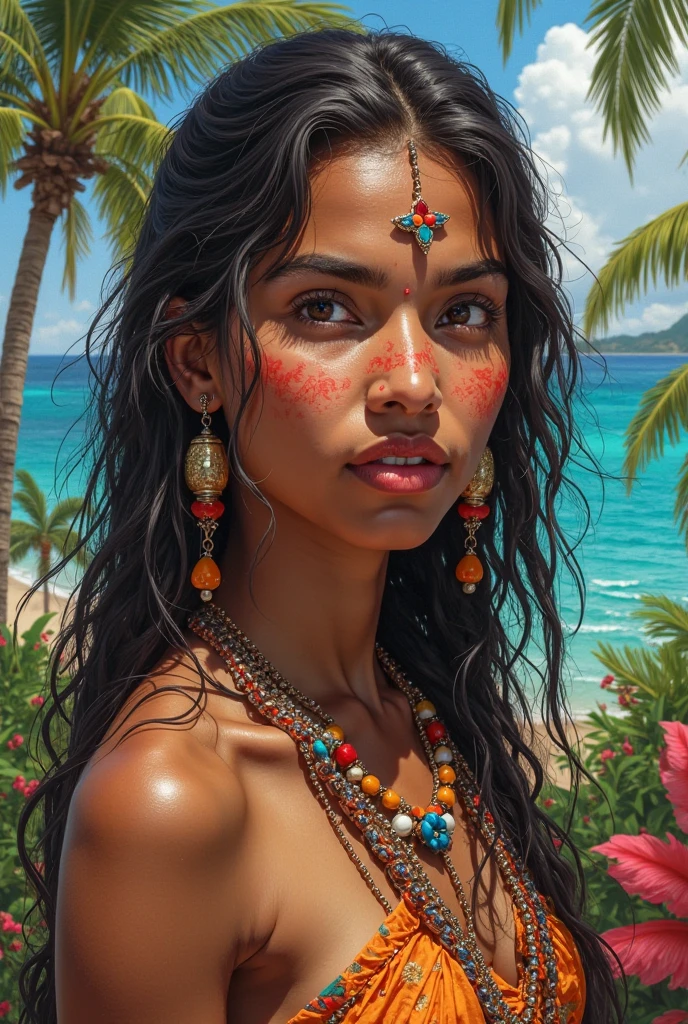 1 girl, (dark skinned female, black hair:1.1), black eyes, tribal girl, tribal accessories, naked, tribal tattoos, smirk, Island background, masterpiece, best quality