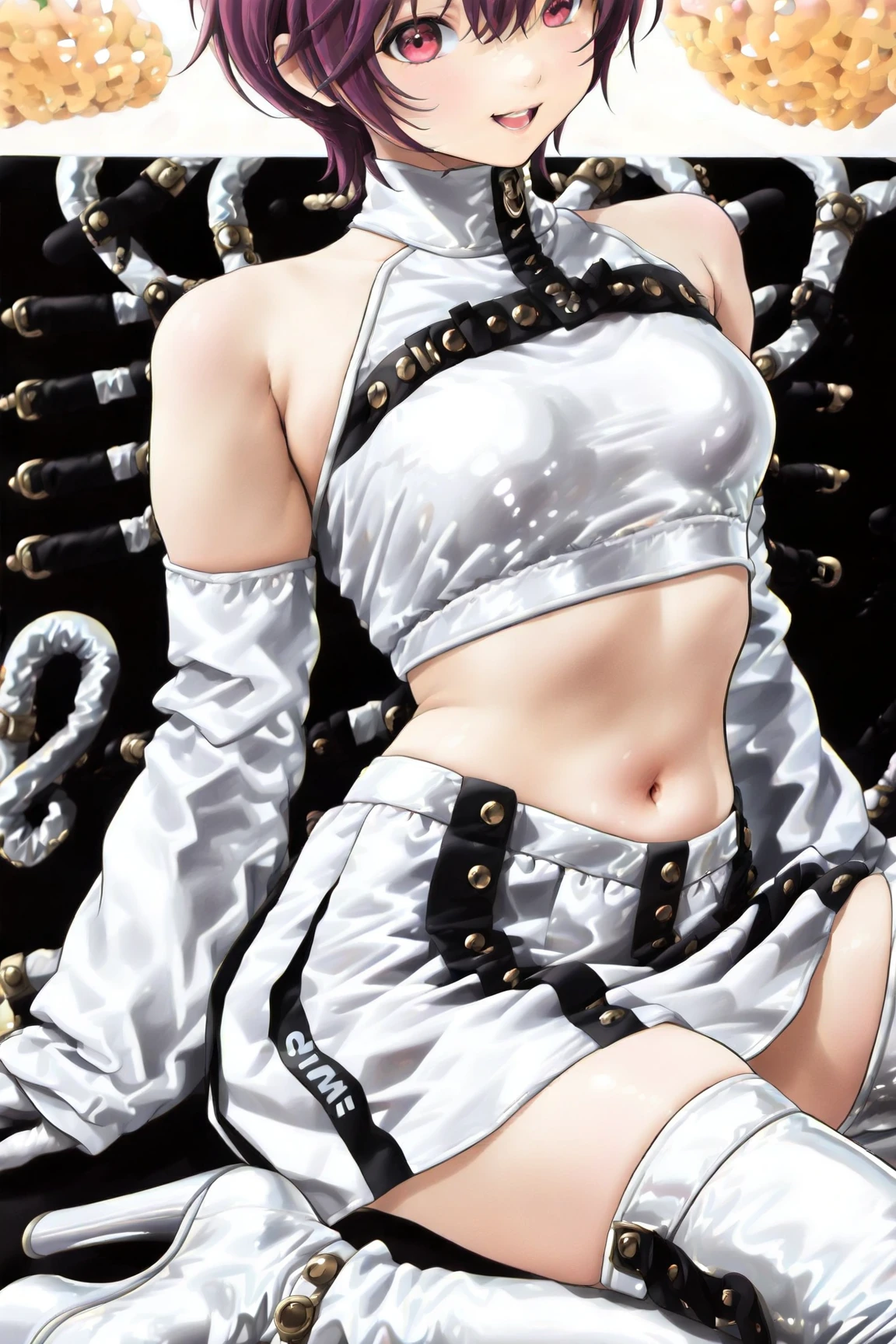 girl, white short hair, big blue eyes, The body is completely wet and sweating, girl tropft, The body is very wet, The body sweats, fast nackt, Body bound with chains, zerrissenes Kleid, Nasse Kleid, durch Kleid sehen, an einem Strand, flowing dress, auf dem Boden liegen, back to the ground, normale Brust, Kamera von oben, whole body shown, girl schaut in die Kamera