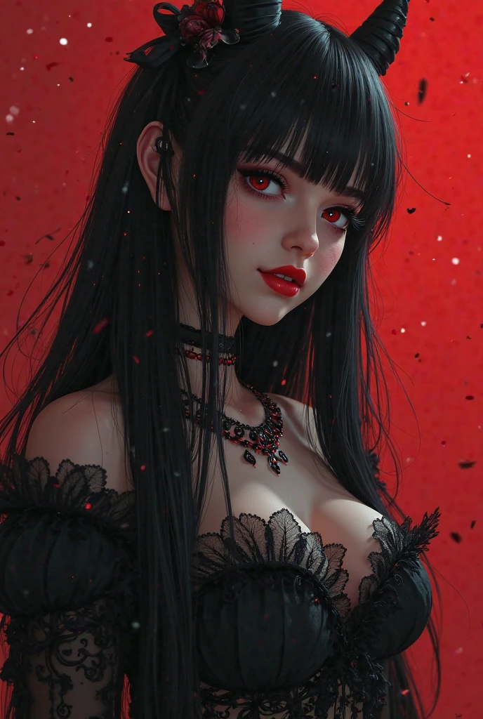 (best quality,4k,highres,masterpiece:1.2),ultra-detailed,realistic,portrait,black long hair,piercing red eyes,displeased expression,big breasts,black blouse,black pants,dark atmosphere,mystery,dark lighting