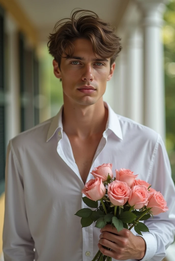 Young cute handsome white angelic face shirtless flower in his hand in a beautiful garden place