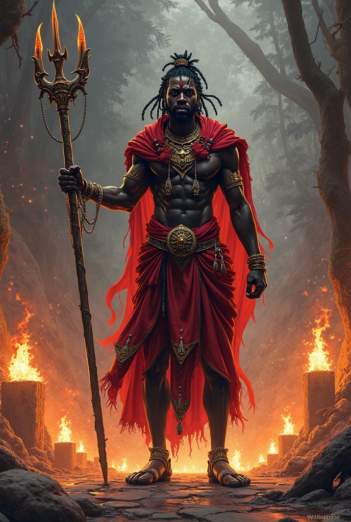 Male Orixa Exu with black skin color, red clothes with his necklace of African cowries and his trident in his hand in the larvae of a volcano and his single horn backwards 