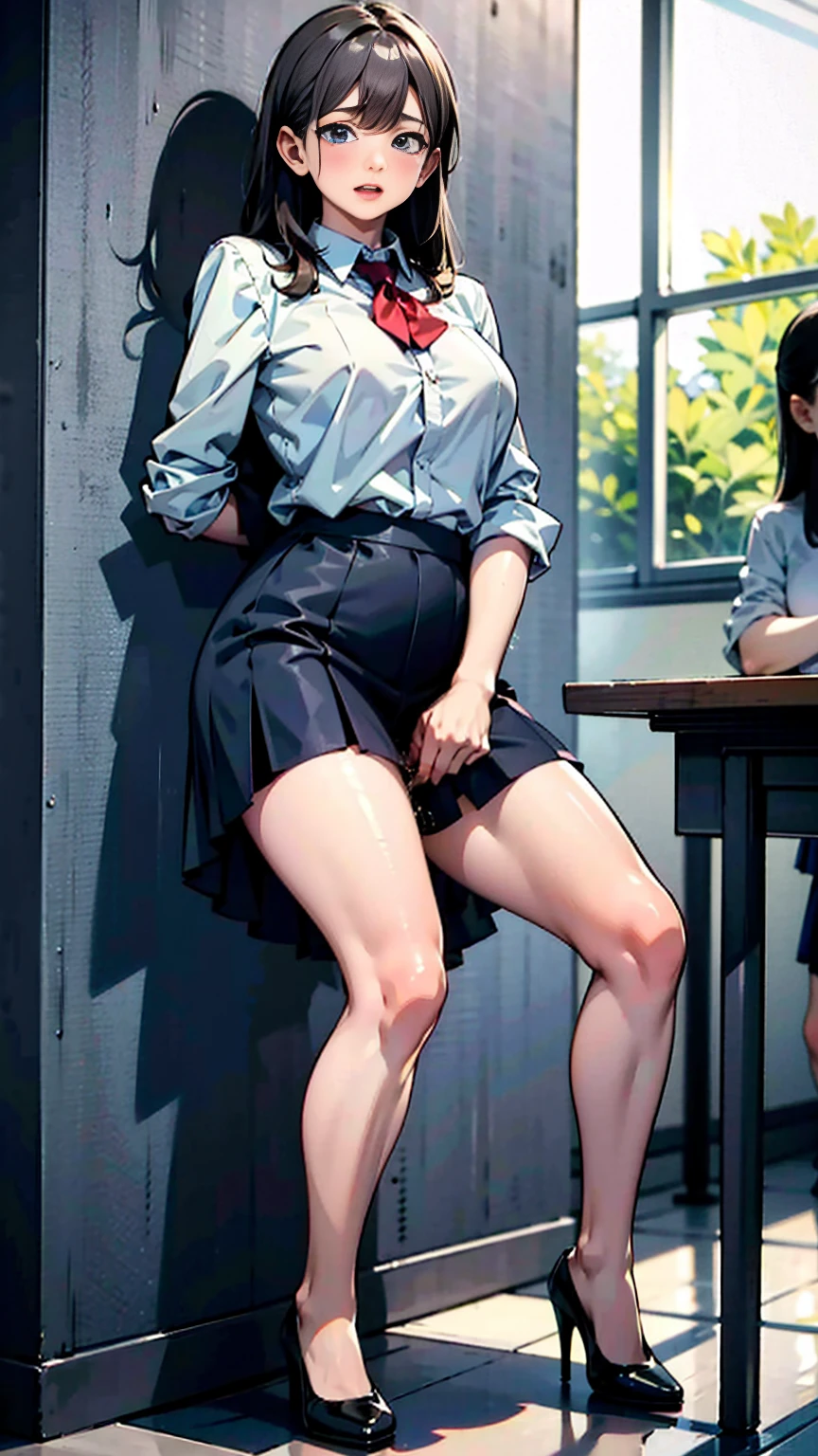 (masterpiece:1.3, highest quality),  (realistic, photorealistic:1.4), beautiful illustrations, perfect lighting, colorful, written boundary depth, 
looking at the viewer, full body, Front view:0.6, 1 girl, alone, Japanese, high school girl, Improve, (large breasts,wide hips,narrow waist, seductive thighs, skin dents),(short hair:1.5),asymmetrical bangs, parted lips, (very tanned and shiny skin),fine hair, beautiful hair, beautiful face, highly detailed face, fine and beautiful eyes, beautiful clavicle, beautiful body, beautiful breasts, beautiful thighs, beautiful feet, beautiful fingers, (beautiful scenery), (blonde:1.5),Gray plaid pleated skirt, black tights, plump thighs, metal collar, ear piercing, red pupil, straight hair, swept bangs, gradient hair, school uniforms, white shirt, tie, ecstatic face, ahegao, drooling, looking at viewer, (pantydrop, panty pull down, grabbing breasts herself), in the classroom with sunset,( leaning forward:1.2)