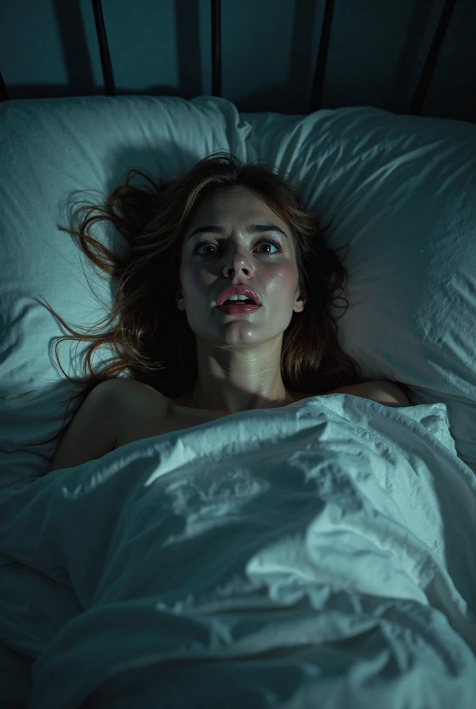 Woman waking up from a terrifying nightmare 