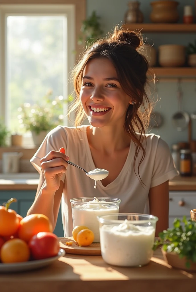 create a realistic woman living her life with healthy habits eating and smiling at a small table attention to detail
