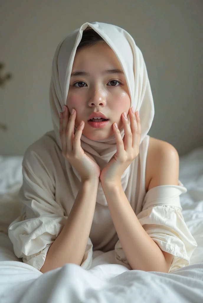 beautiful girl lying on the bed, posing very sexy, big breasts, naked, beautiful, smooth skin, wearing a hijab