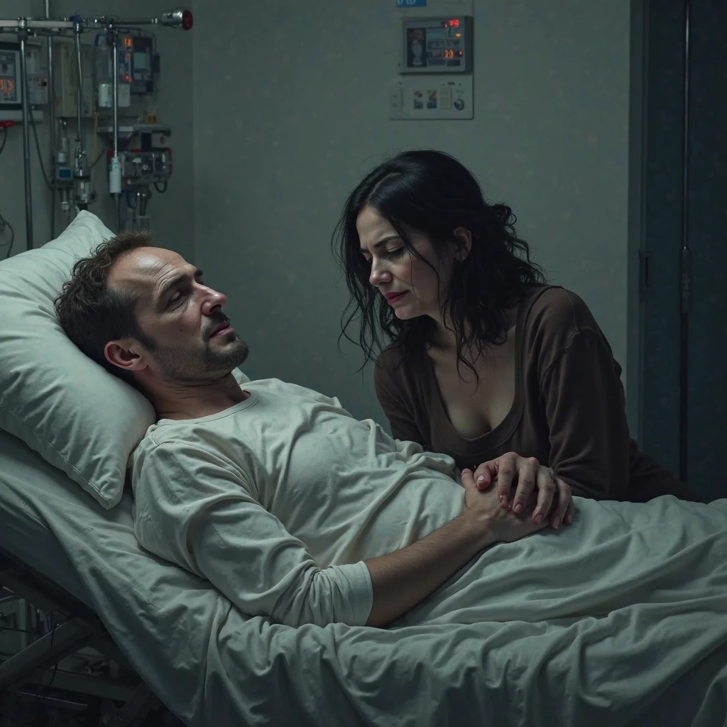 <lora:Roger_Deakins_Cinematography:1>, Dark Nautical, Hospital bed,, movie still, Romance Genre