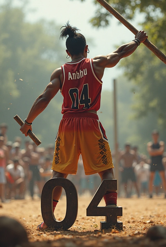 An african maasai warrior throwing a sharp vibranium spear in a savannah landscape in a dystopian landscape, with a cyborg arm and wearing a red shuka
