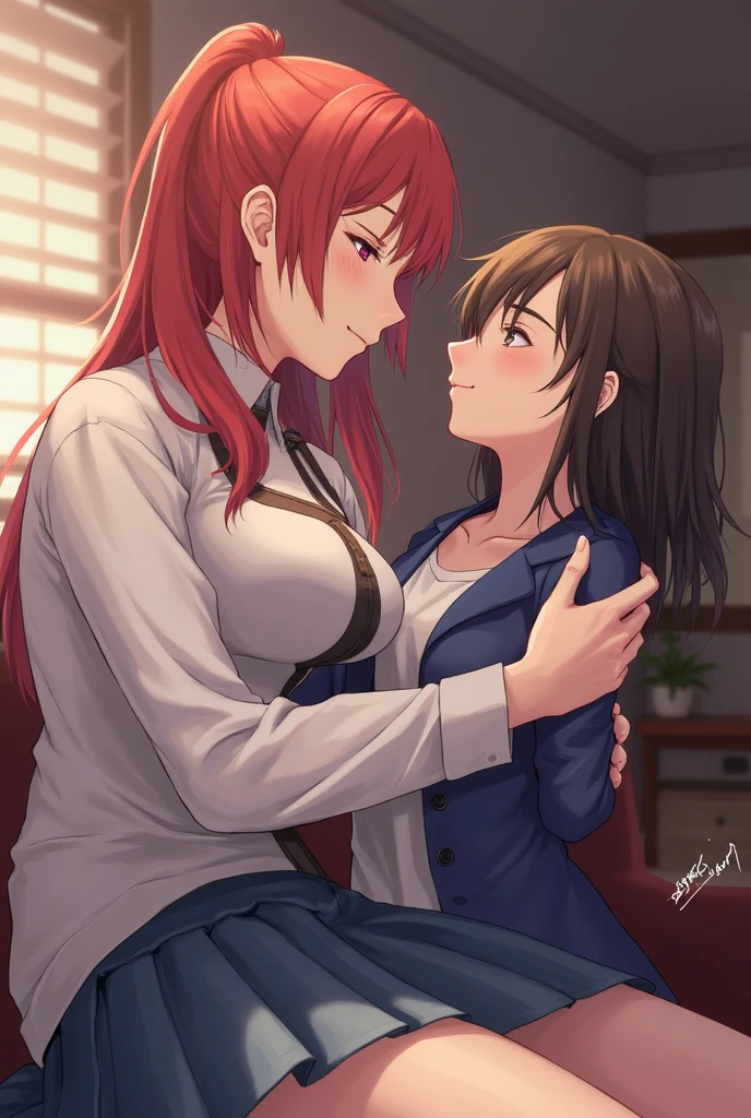 NFSW,hentai, woman&#39;s face, realistic anatomy, looking up, blond hair, short, asymmetrical, backward, large eyes, blue, bright, detailed, looking at the viewer, blushing, excited, thin small nose, thick lips, red, bright, Open mouth con lengua de fuera, showing saliba, panting, Open mouth, flushed, muy blushing, expresion excited, big breasts, perspective from above