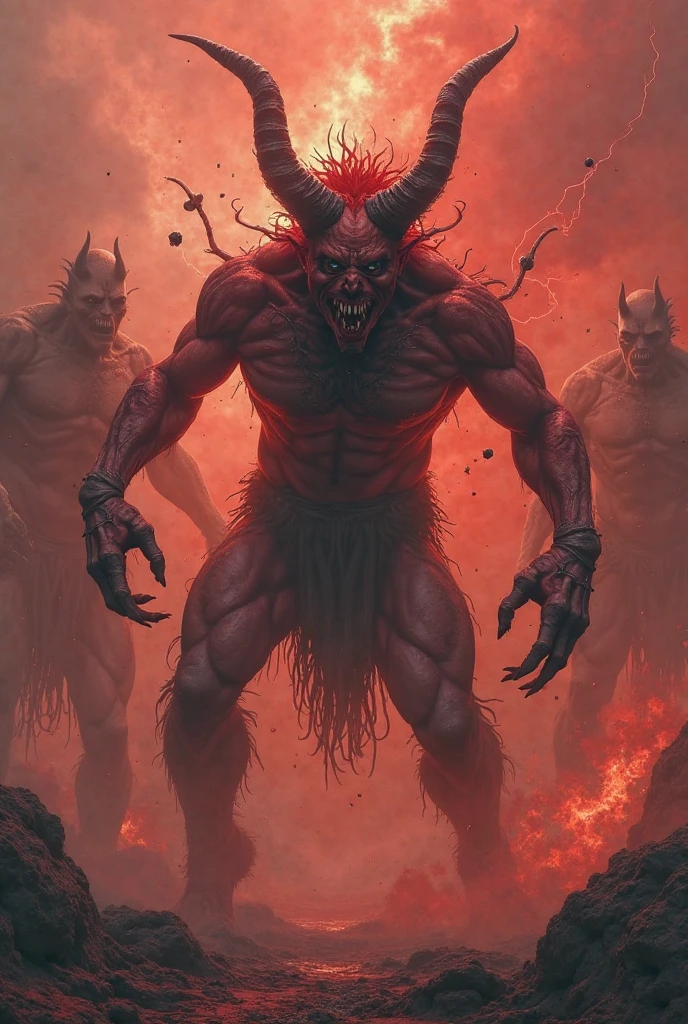 colorful dark theme painting of a horrific setting of a male demon dancing on the damned as they burn in eternal hell fire in the style of Zdzislaw Beksinski, the fires of hell with people moaning in pain in the background, dreamy and ethereal, expressive poses, big black eyes, tormented expressions, fantasy, intricate, elegant, dark and moody smoke, highly detailed, ominous baroque painting, concept art, smooth, sharp focus, illustration, black flowing ink, blackened eyes, fire and brimstone, death and decay, landscape painting