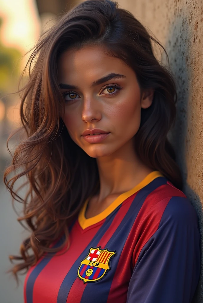 a girl, Bblack hair, longye hair, slickedback hair, perfectbody, cimétrico, natural breasts, yellow eyes, perfects eyes, gorgeous eyes, uniforme do barcelona, t-shirt 11, soccer player, professional soccer player, barcelona, natural boobs, cymetric breasts, big boobies, cute breasts.