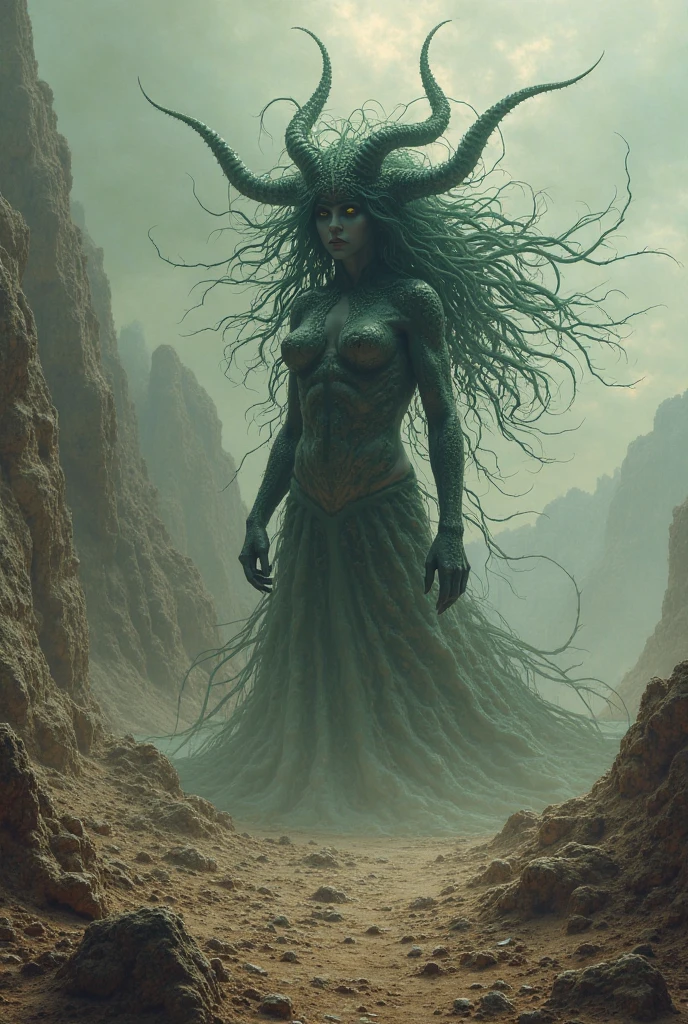 Sensuous image of Gaia - Primordial goddess of the earth. combining the styles of  Dr. Seuss and Luis Royo